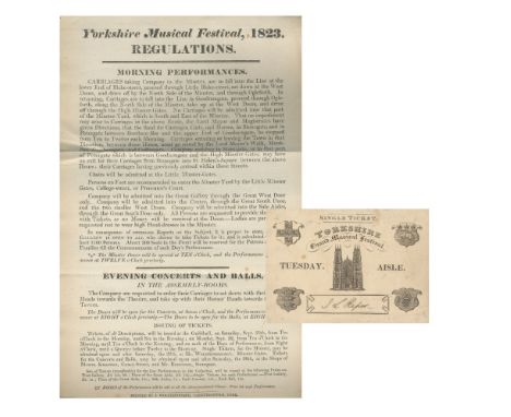 MUSIC - YORKSHIRE FESTIVAL 1823-1825A bound volume of printed programmes (approx. 13), tickets (3, one issued J.L. Raper, Cha