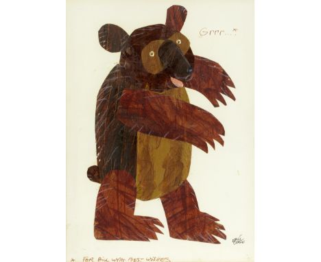 CARLE (ERIC)Original collage of a large standing bear,  coloured  hand-painted papers, heightened with black pen, pencil and 