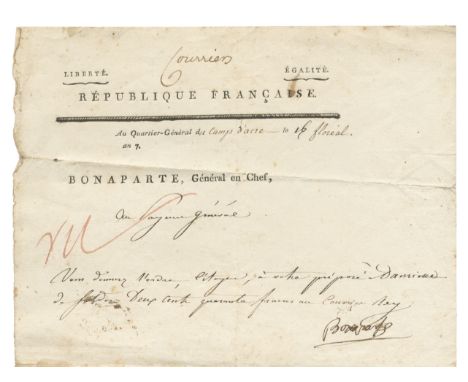 NAPOLEON BONAPARTEDocument signed ('Bonaparte'), being an order authorizing the payment of 240 francs to be sent by courier; 