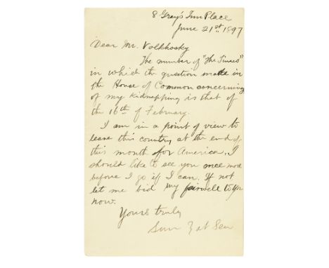 SUN YAT-SENAutograph letter signed ('Yours truly Sun Yat Sen') to  Felix Volkhosky, in English, informing his friend that 'Th