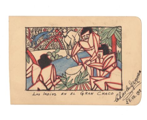 GINNER (CHARLES)Drawing entitled 'Los Indios En El Gran Chaco', signed and dated 'Charles Ginner/ 28.VII.1912', on a page tak