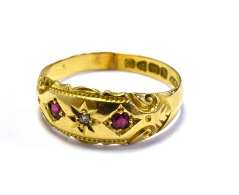 EDWARDIAN 18CT GOLD RUBY &amp; DIAMOND RING 7.3mm wide head with central star grain set, old single cut diamond flanked by tw
