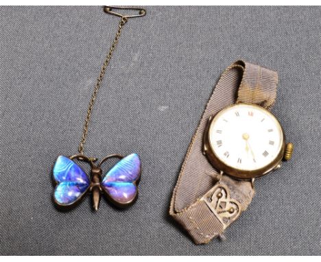 SILVER WATCH &amp; BUTTERFLY WING BROOCH 28.3mm silver watch, hallmarked London 1915, sponsors mark G.S, enamel and gilded di