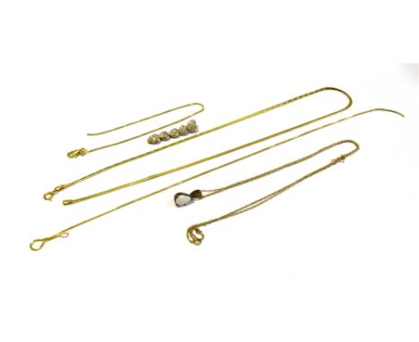 9CT GOLD ITEMS OF JEWELLERY to include; a 40cm long faceted herringbone link necklace, a white opal pear shaped cabochon set 
