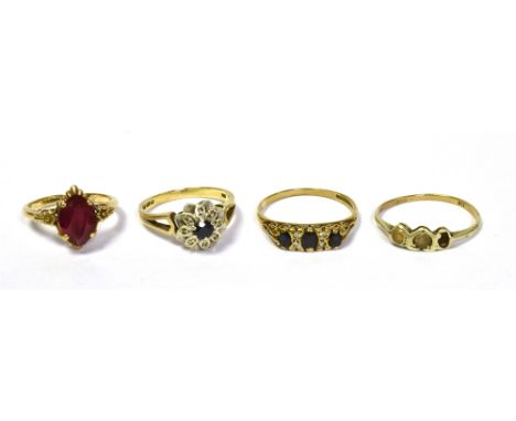 9CT GOLD &amp; GEM SET RINGS to include an oval synthetic ruby solitaire, a sapphire and single cut diamond floral cluster, o