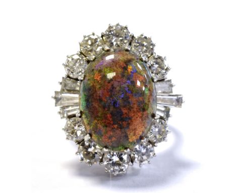 18CT WHITE GOLD OPAL &amp; DIAMOND RING 23.5 x 20.9mm ballerina style head, set with an Andamooka matrix cabochon opal, estim