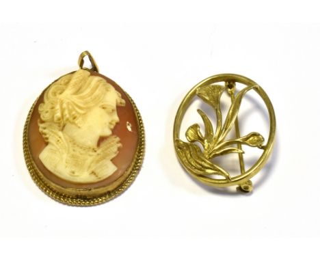 9CT GOLD CAMEO PENDANT &amp; FLORAL BROOCH 3.3 x 2.7cm bezel set shell cameo, in a 9ct gold frame with pendant bale.  Also a 