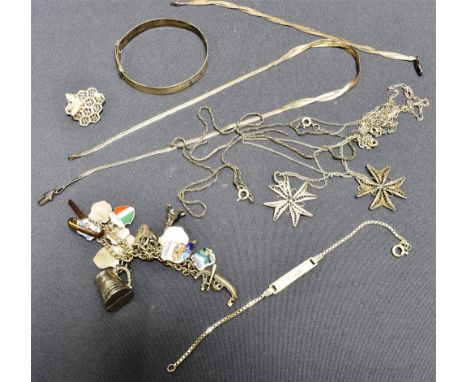A QUANTITY OF SILVER JEWELLERY to include chains, filigree Maltese cross pendants, childs Christening bangle,  herringbone li