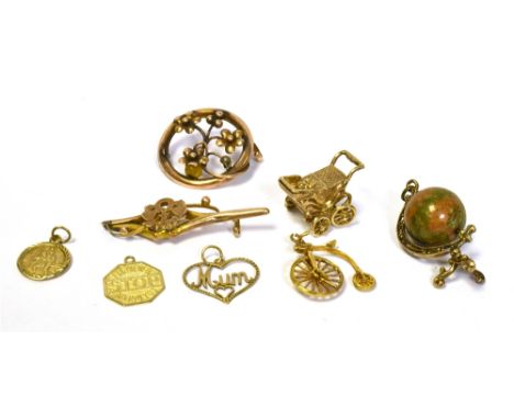 VARIOUS 9CT GOLD CHARMS &amp; PENDANTS to include, St. Christopher &amp; 'Mum', pendants, penny farthing and pram charms, Vic