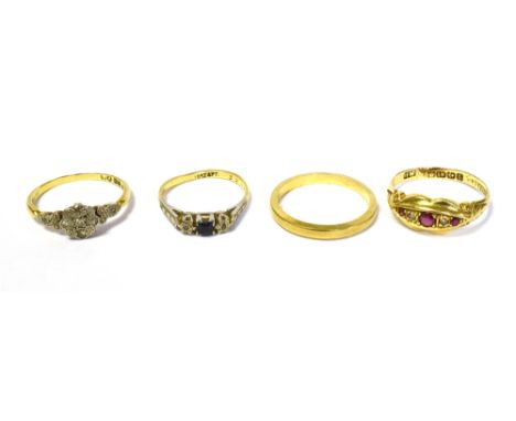 18CT GOLD GEM &amp; DIAMOND SET RINGS to include a navette shaped ruby and old cut diamond ring, hallmarked 18 Birmingham 191