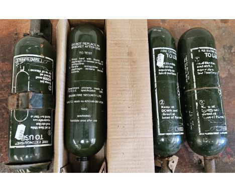 Four WD army fire extinguishers, one NOS, one with bracket 
