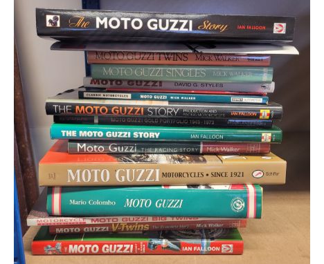 A collection of Moto Guzzi motorcycle related hardback books through the ages, to include Mick Walker 'Moto Singles &amp; Twi