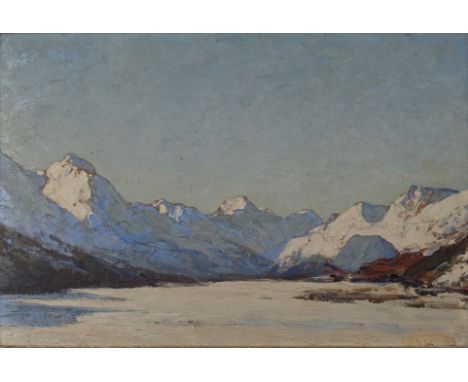Guba, Rudolf (Hamburg 1884 - 1950), "Winterlandschaft in den Bergen", Öl auf Karton, signiert unten rechts R. Guba, rückseiti