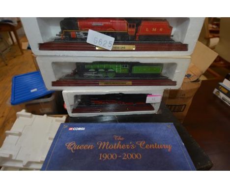 Three model locomotives, including the Flying Scotsman together with a Corgi commemorative model of Century Tram, boxed (4)