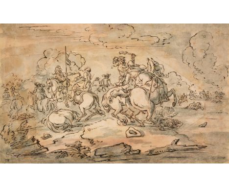 * Attributed to Francois Perrier, le Bourgignon (1590-1650). A Cavalry Skirmish, pen, black ink, light grey-blue and pale red