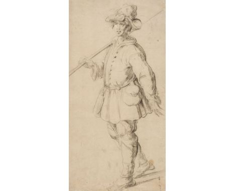 * Attributed to Jacques Bellange (circa 1575-1616/38). Striding Youth with a staff, black chalk on laid paper, verso with lat