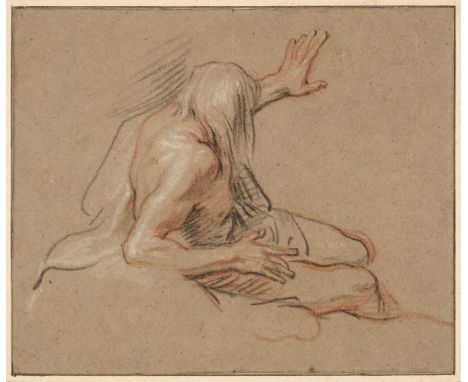 * Attributed to Antoine Coypel (1661-1722). Reclining Male Figure, black, red and white chalk on light grey laid paper, depic