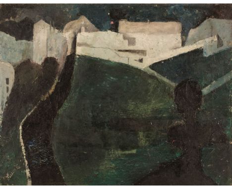 * Hawke (Marjorie, 1894-1979). Village in Moonlight, oil on canvas, signed 'Hawke' lower left, use of impasto, manuscript lab