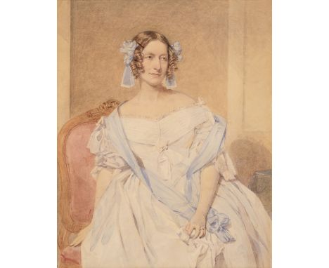 * Oakley (Octavius, 1800-67). Portrait of a Lady, circa 1830, watercolour, depicting a woman wearing a white dress and pale b