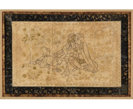 * Persian Miniature. Two noblemen reclining, late 17th or early 18th century, pen and ink on laid paper, depicting two young 
