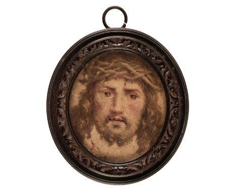 * Italian School. Christ crowned with thorns, circa 1750-1780, oval watercolour and red ink on card, laid on card, head portr