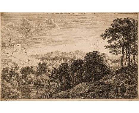 * Swanevelt (Herman van, 1603-1655). Wooded riverside landscape with figures, hillside dwelling, against a mountainous backdr