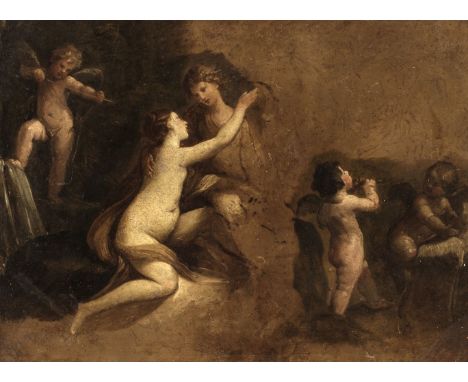 * French School. Iphis and Ianthe, mid to later 18th century, oil on copper, 21 x 29 cm (8 3/8 x 11 3/8 ins), incised number 