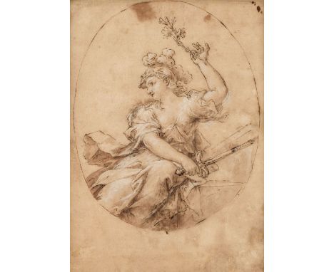 * Circle of Carlo Maratta (1625-1713). Minerva, pen, brown ink, brown wash and white chalk laid paper with oval outer framing