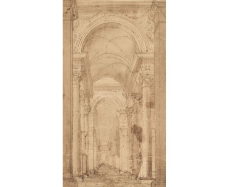 * Attributed to Giovanni Paolo Panini (1691-1765). Interior of a Church, Rome, pen, brown ink, and brown wash on thick pale g