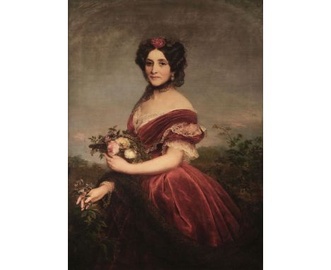 * English School. Portrait of a Woman, mid 19th century, oil on canvas, a three-quarter length portrait of a woman in a red d