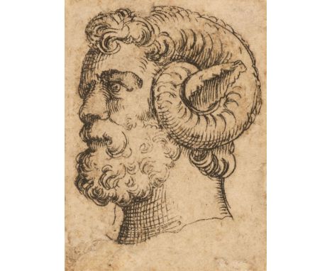 * Attributed to Hans Sebald Beham (1500-1550). Profile Head of a Man with Ram's Horns, pen and black ink on laid paper, some 