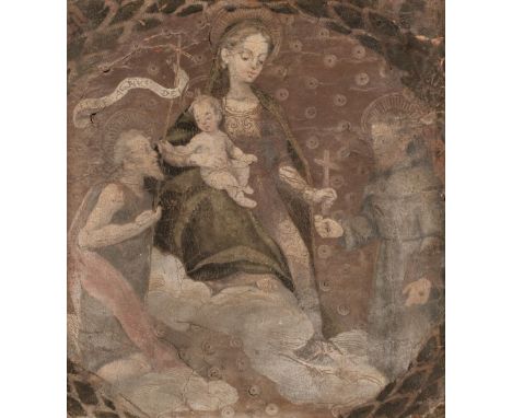 * Spanish Colonial School. Virgin Mary and Infant Jesus, early to mid 18th century, oil on leather, depicting the Virgin Mary