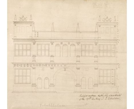 * English School. Front elevation of an Elizabethan or Jacobean property in the style of Robert Smythson (1535–1614), probabl