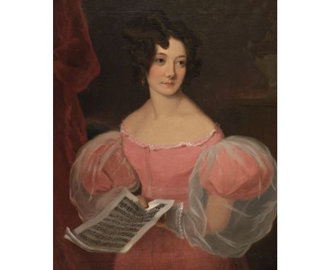 * English School. Portrait of a Woman, early 19th century, oil on canvas, portrait of a woman wearing a pink dress with sheer