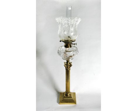 VICTORIAN OIL LAMP WITH BRASS CORINTHIAN PILLAR & FROSTED GLAZED SHADE 