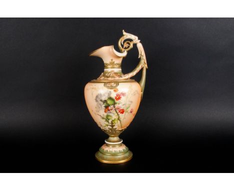 Royal Worcester Hand Painted Blush Ivory Classical Shaped Ewer / Jug, Decorated with Images of  Thistles and Gold Decoration.