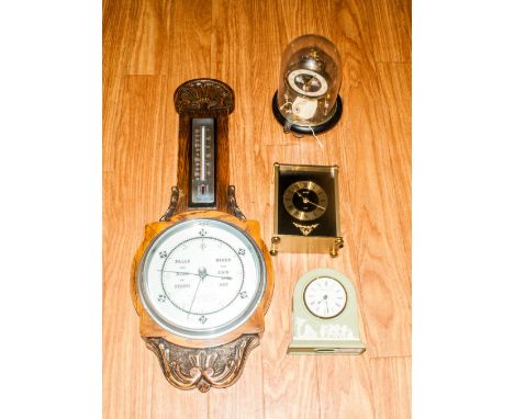 Wooden Cased Barometer with silvered dial Together with a Wedgwood Jasperware mantle clock, small anniversary clock with dome