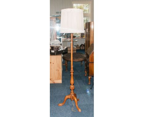 Early 20thC Turned & Carved Walnut Standard Lamp, Tripod Base, Silk Shade