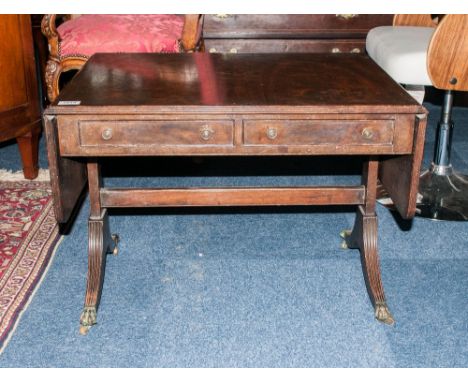 Early To Mid 20thC Mahogany Sofa Table With 2 Drawers Raised On Reeded Legs With Cast Claw Terminals And Castors With Cross S