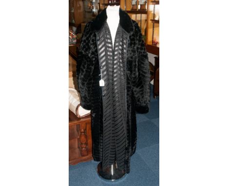 Ladies Full Length Black Faux Fur Coat, leatherette lining.