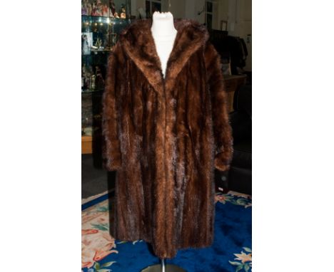 Ladies Three Quarter Length Dark Brown Mink Fur Coat, Fully lined. Collar With Revers, Slit pockets, Hook & Loop Fastenings. 
