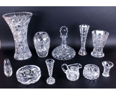 Collection of Cut Glass Items comprising large flower vase 15 inches high, two smaller vases 8 inches in height, Captains Dec