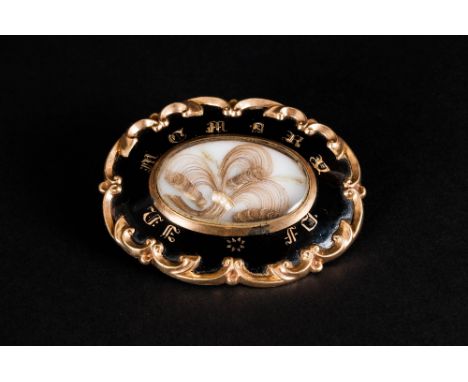 A Fine Quality Early Victorian Large Pinchbeck and Enamel Mourning Brooch / Locket with Shaped Border. Date 1856. 2.5 Inches 