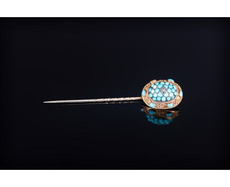 Early Victorian 9ct Gold and Turquoise Set Stick Pin, with Old Cut Diamond Chip to Centre. 2.5 Inches High. 