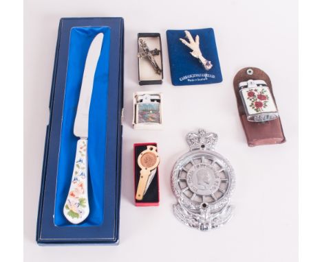 Mixed Lot Comprising Carrick Jewellery Stone Set Scottish Pin, Cross Pendant, Guilloche Enamel Ronson Lighter In Pouch, Souve