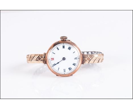 Ladies 9ct Gold Wristwatch, White Enamel Dial, Roman Numerals, Manual Wind, Expandable Bracelet