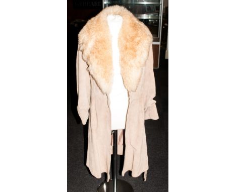 Suede Full Length Coat With Fur Collar