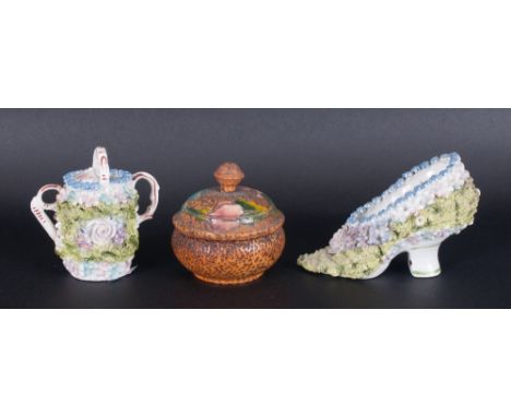 Three Cottage Antique Items Comprising miniature ceramic shoe & watering can plus lidded pot.
