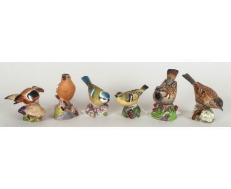 Royal Worcester Bird Figures, 6 in total, 1. Blue Tit, 2. Gold Finch, 3. Hedge Sparrow, 4. Sparrow, 5. Chaffinch, 6. Gold Cre