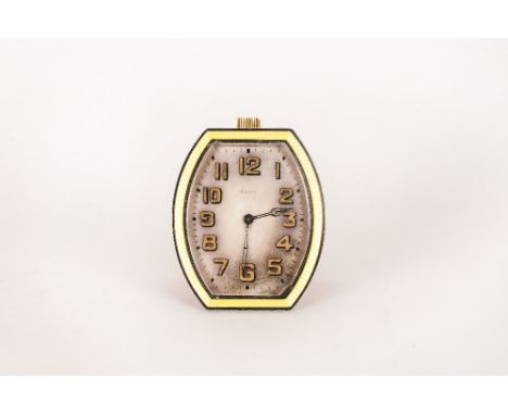 Art Deco Enamelled Travelling Strut Clock, Barrel Shaped Silver Case With Guilloche Enamel Border, Silvered Dial With Arabic 